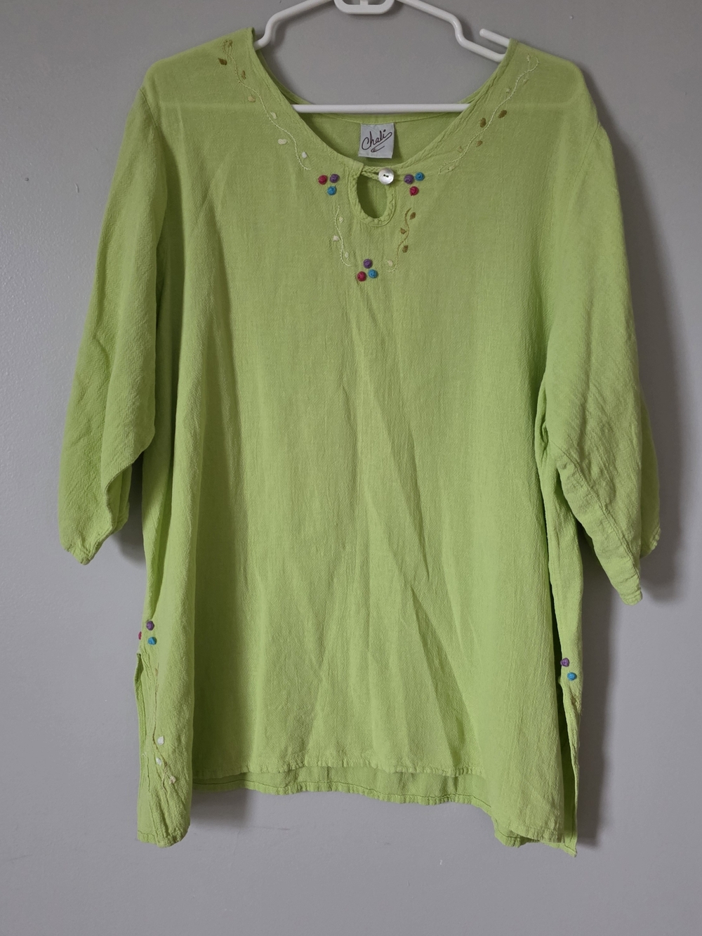 Light Lime Green Embroidered Tunic Top XL Unique Handstitched